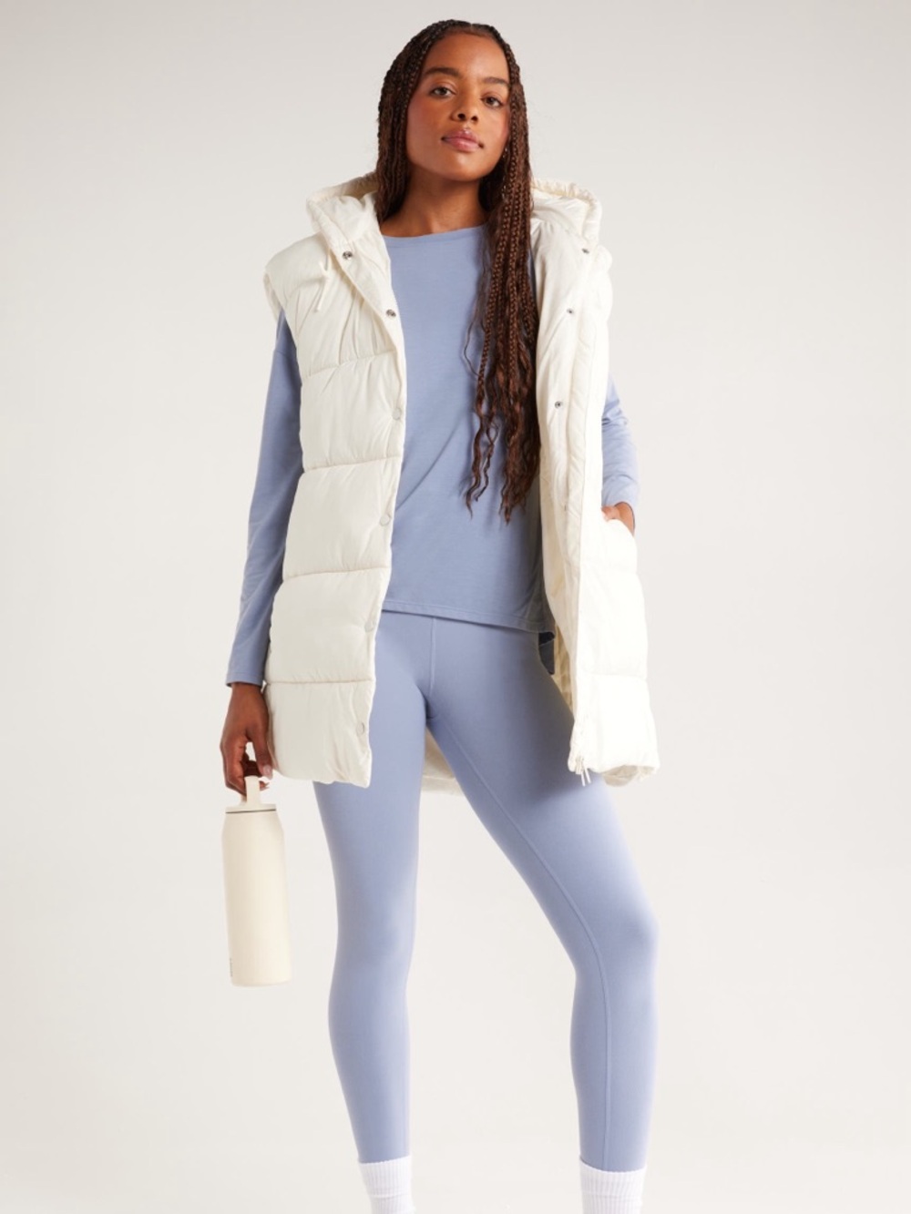 Zella White Longline Hooded Puffer Vest Sz Large